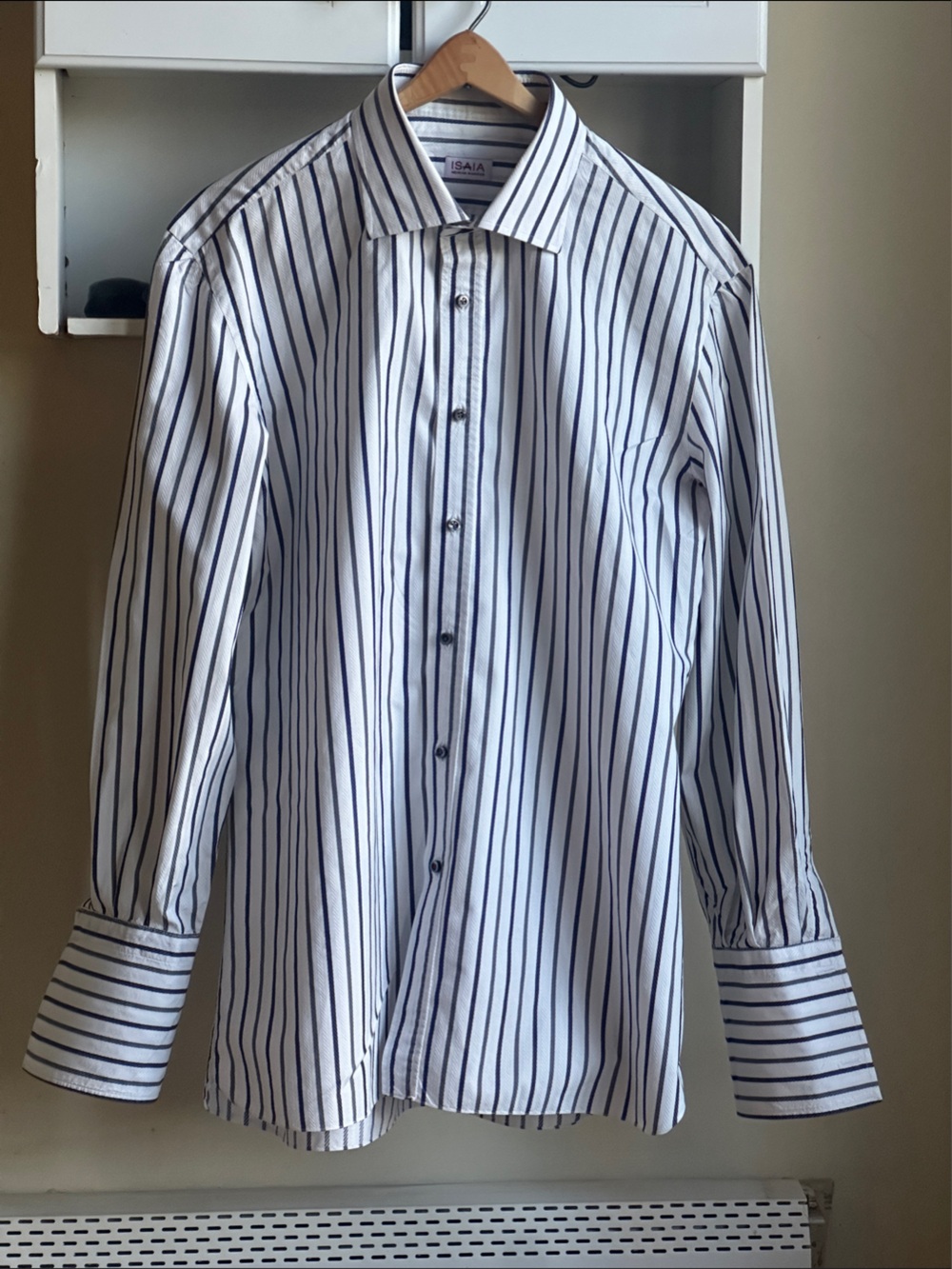 Isaia Multicolor Stripes White with Navy French Cuffs Men’s Dress Shirt Size 18